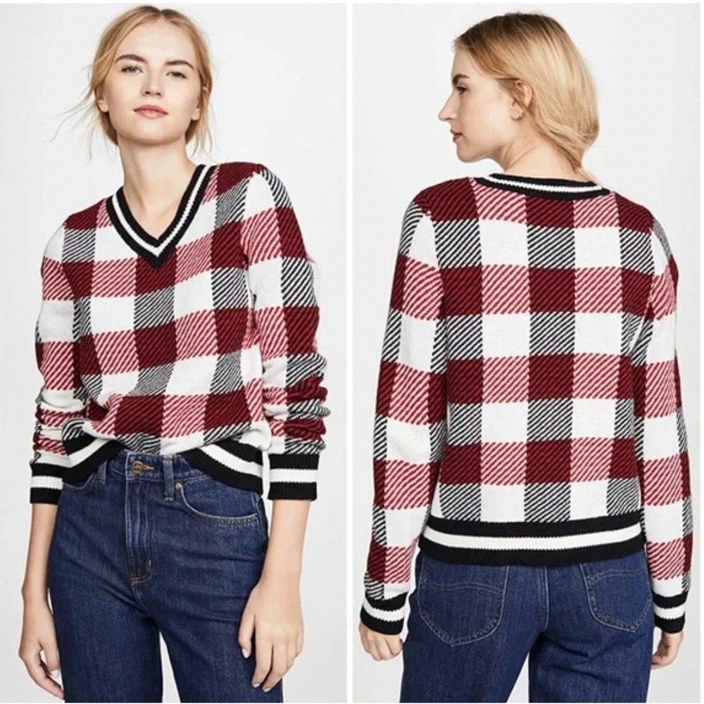 NWT Rag & Bone Gabby V Neck‎ Merino Wool Sweater in Red Black White Check Size S